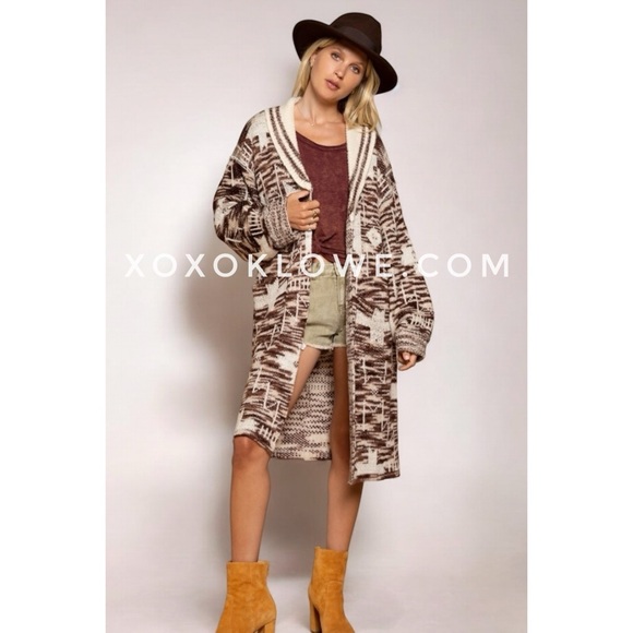 POL Beige + Brown Southwestern Patterned Mid Length Belted Cardigan - Picture 9 of 12